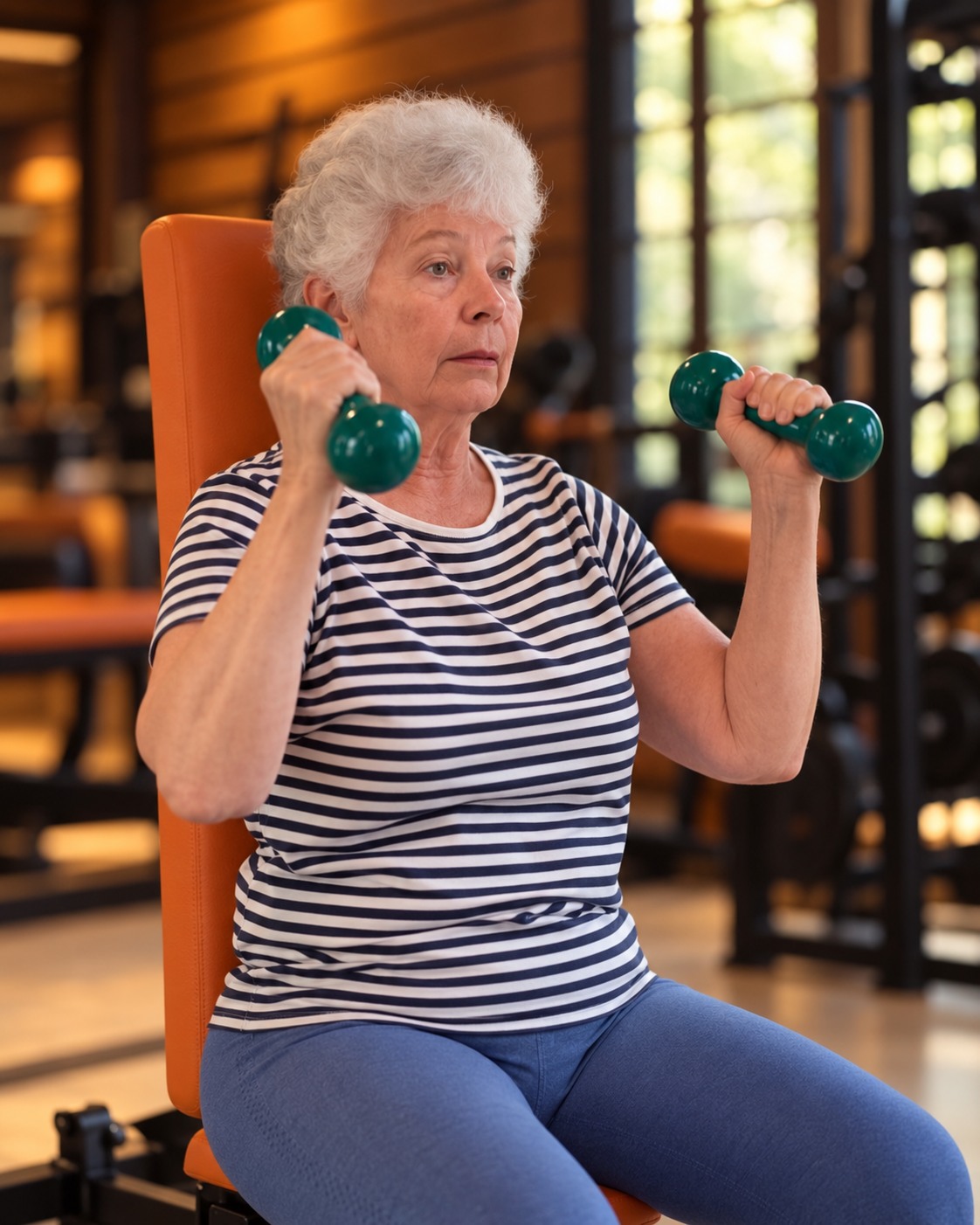 Aluna treinando força com halteres na Zuchii Fit